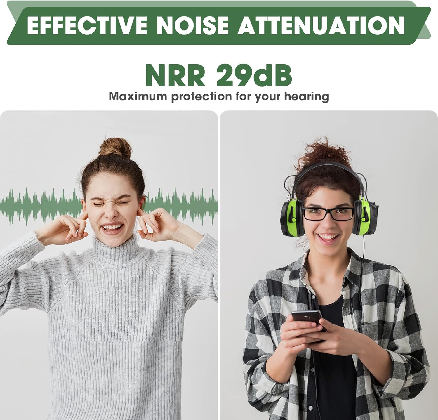 Bluetooth Hearing Protection, FM MP3 Noise Reduction Radio Headphones with 29dB NRR, Safety Ear Muffs with Bluetooth Radio, Wireless Cancelling Bluetooth Rechargebale FM Radio Headphones, Green - Image 3