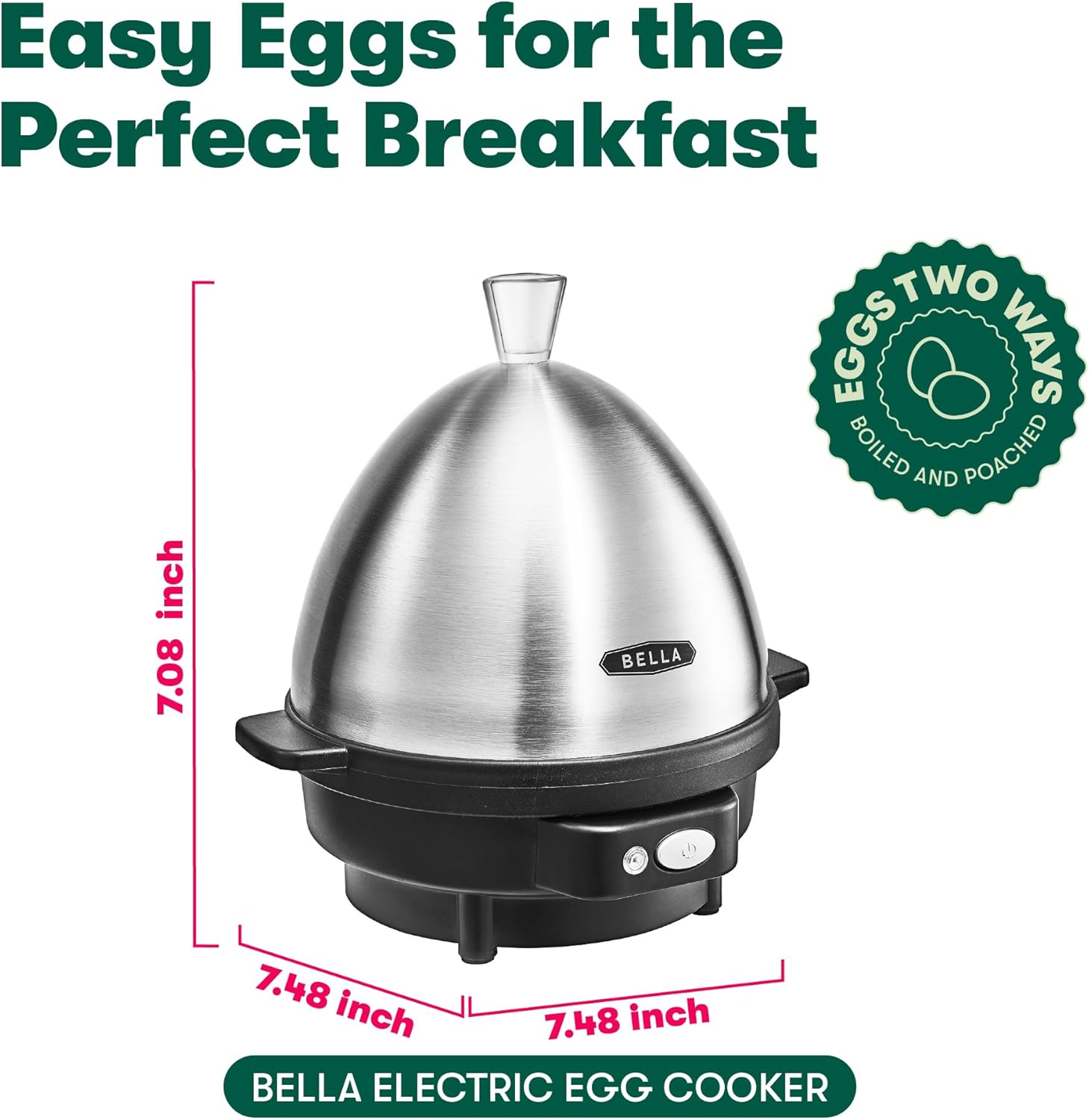 BELLA Rapid Electric Egg Cooker and Omelet Maker with Auto Shut Off, for Easy to Peel, Poached Eggs, Soft, Medium and Hard-Boiled Eggs, 7 Egg Capacity Tray, Single Tier, Black & Steel - Image 2