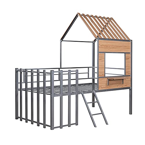 Harper & Bright Designs Kids House Beds Low Loft Bed Frame with Roof, Window, Guardrail and Ladder, Metal Twin Size Loft Bed for Kids Teens Girls Boys (Twin, White) - Image 24