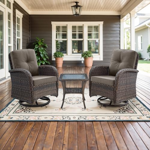 Patio Wicker Chairs Swivel Rocker – Outdoor Swivel Rocking Chairs Set of 2 with Rattan Side Table, Patio Swivel Glider Chair 3 Piece Patio Furniture Sets for Deck Porch Pool Brown/Blue - Image 25