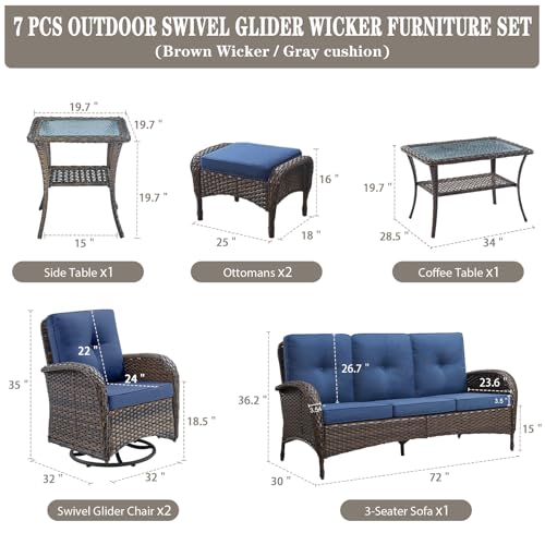 Patio Wicker Chairs Swivel Rocker – Outdoor Swivel Rocking Chairs Set of 2 with Rattan Side Table, Patio Swivel Glider Chair 3 Piece Patio Furniture Sets for Deck Porch Pool Brown/Blue - Image 97