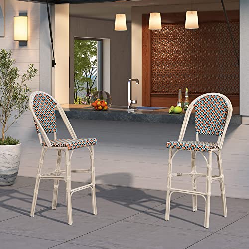 PURPLE LEAF French Counter Height Bar Stool Set of 2 25 White Print Finish Patio Bar Chairs with Back Rattan Bar Chairs French Bistro Set for Kitchen Outdoor Counter Stool Colorful - Image 3