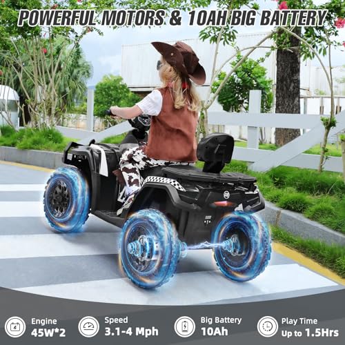 ELEMARA 2 Seater Kids ATV, 4 Wheeler Quad Electric Vehicle with 10AH Battery, 4mph Max Speed, 2 Charging Ports, LED Headlights, Music, Radio, 12V Battery Powered Ride on Car for Boys & Girls, Green - Image 3