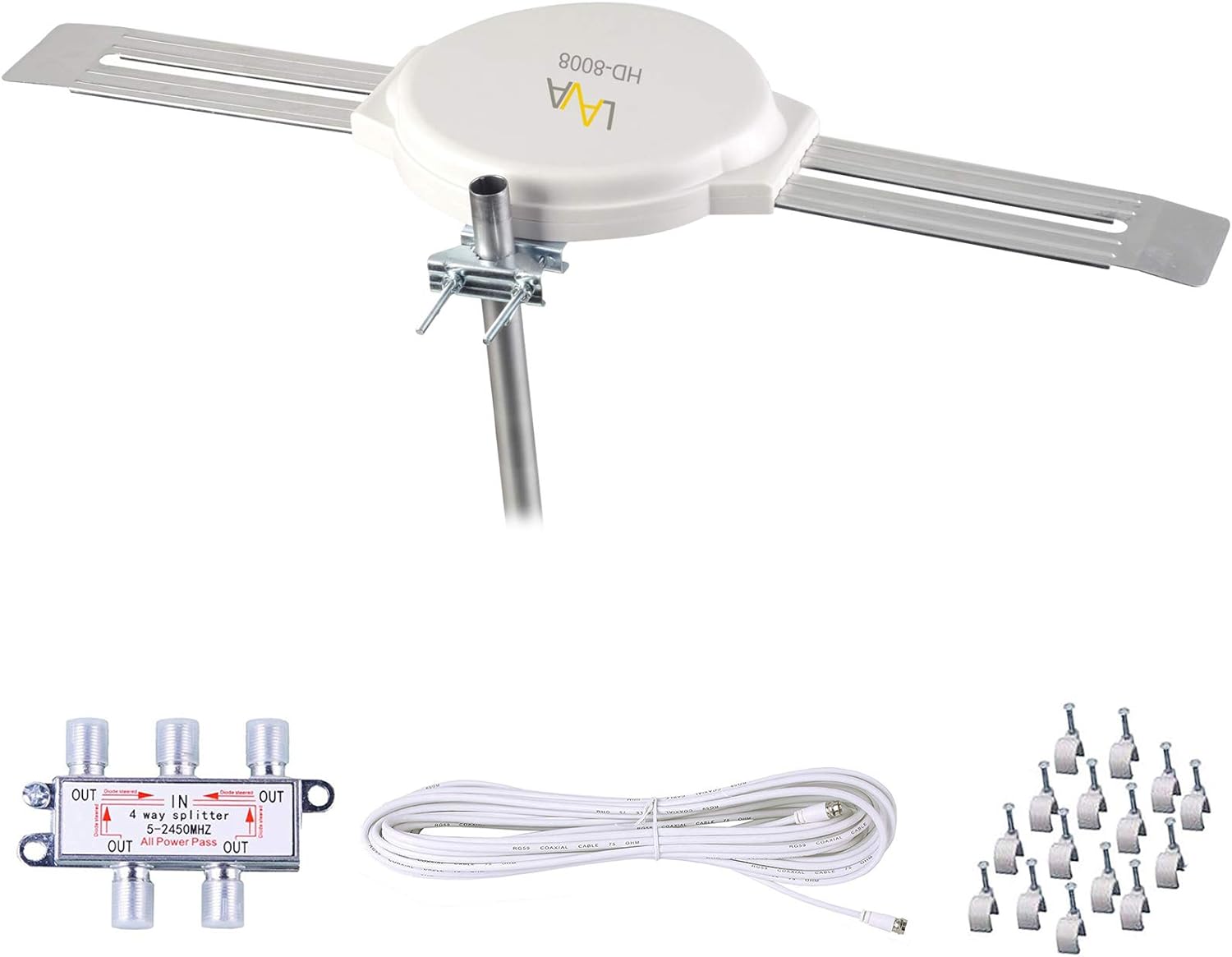 LAVA HD8008 Omnidirectional 360 Degree HD TV 4K Omnipro TV Antenna OmniPro HD-8008 + Installation Kit & FiveStar TV Antenna Jpole