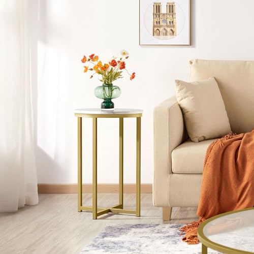 Yaheetech Faux Marble Side Table, 16in End Table Modern Accent Sofa Table w/X-Based, Round Tabletop, Sturdy Metal Legs for Living Room, Black - Image 14