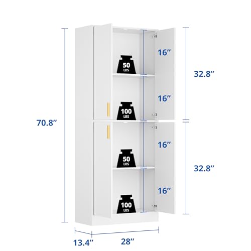 Cozy Castle Kitchen Pantry Cabinet, 71 Tall Wood Storage Cabinet with Doors and Shelves 4 Doors Freestanding Cupboard Utility Hutch for Dining Room Living Room Bathroom Furniture, Gray - Image 3